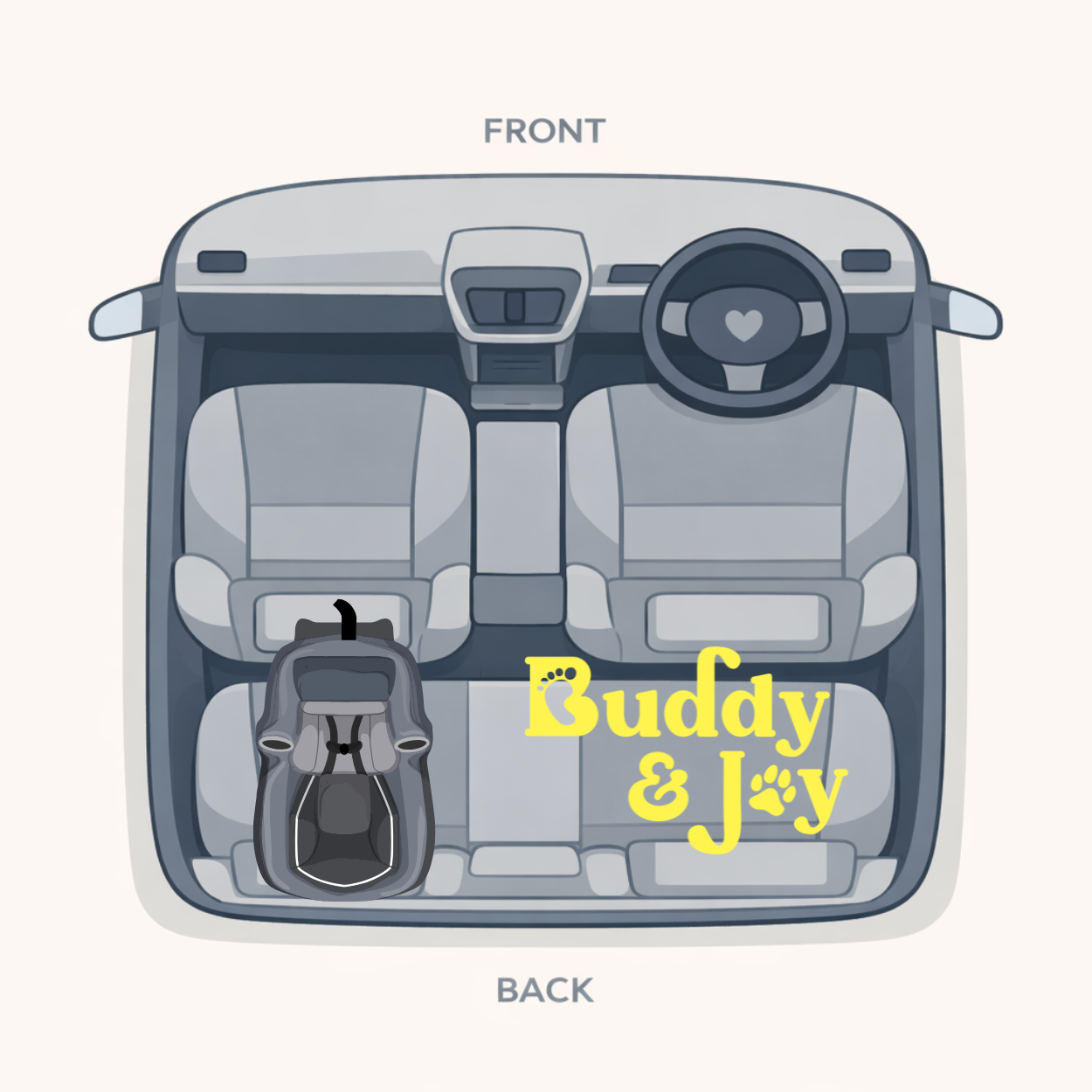 Top-down view of a car interior with 'Buddy & Joy'  dog car seat hammock placement. showing the right side configuration. 
