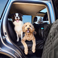 2 dogs sitting in the Buddy & Joy Dog Car Hammock with integrated door cover. 