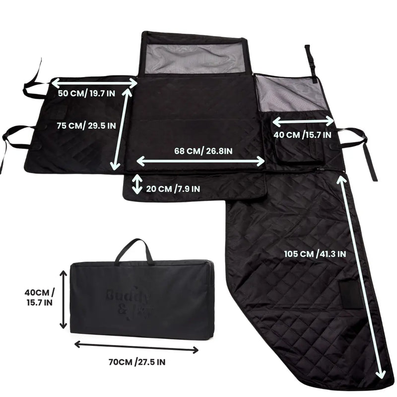 Buddy & Joy Dog Car Hammock Flatview with dimensions