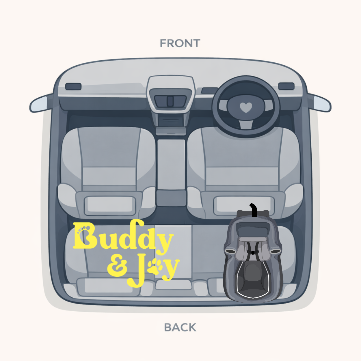 Top-down view of a car interior with a dog car  seat hammock in the back, labeled 'Buddy & Joy' to demonstrate the configuration for the left side. 