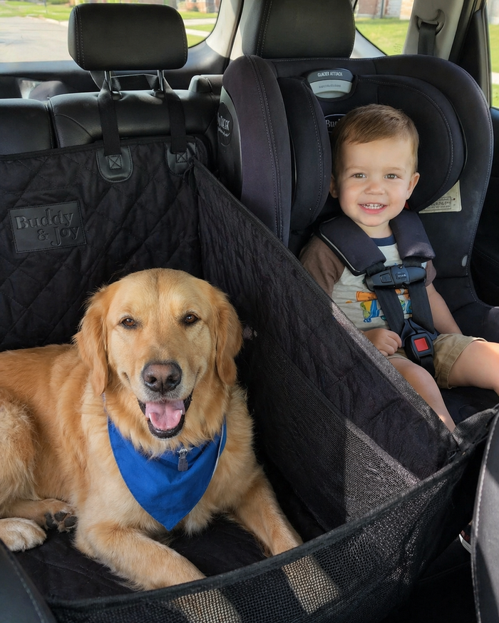 Golden retriever and toddler in Buddy & Joy hammock with mesh divider