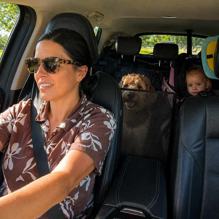 Mum driving with Buddy & Joy Dog Car Hammock installed, calm and in control