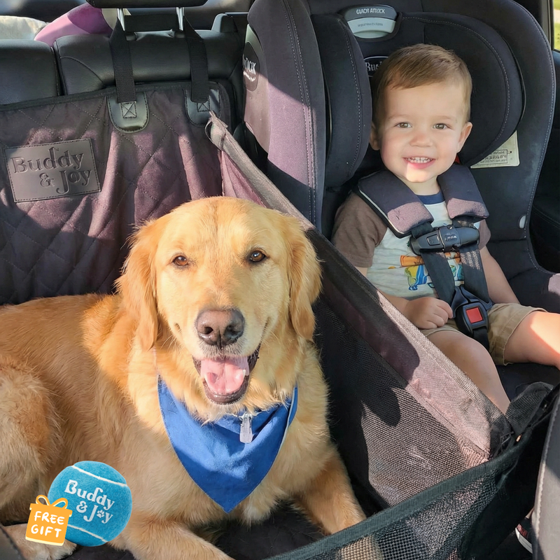 Buddy & Joy Dog Car Hammock showing the dividing barrier and baby and dog. 