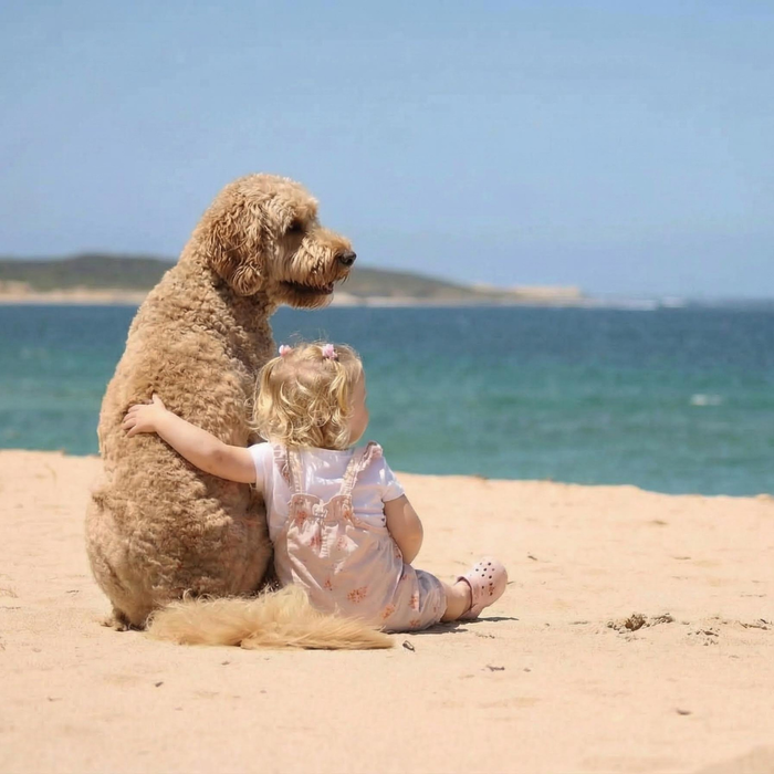 Buddy and baby Joy sharing a calm, supervised moment together